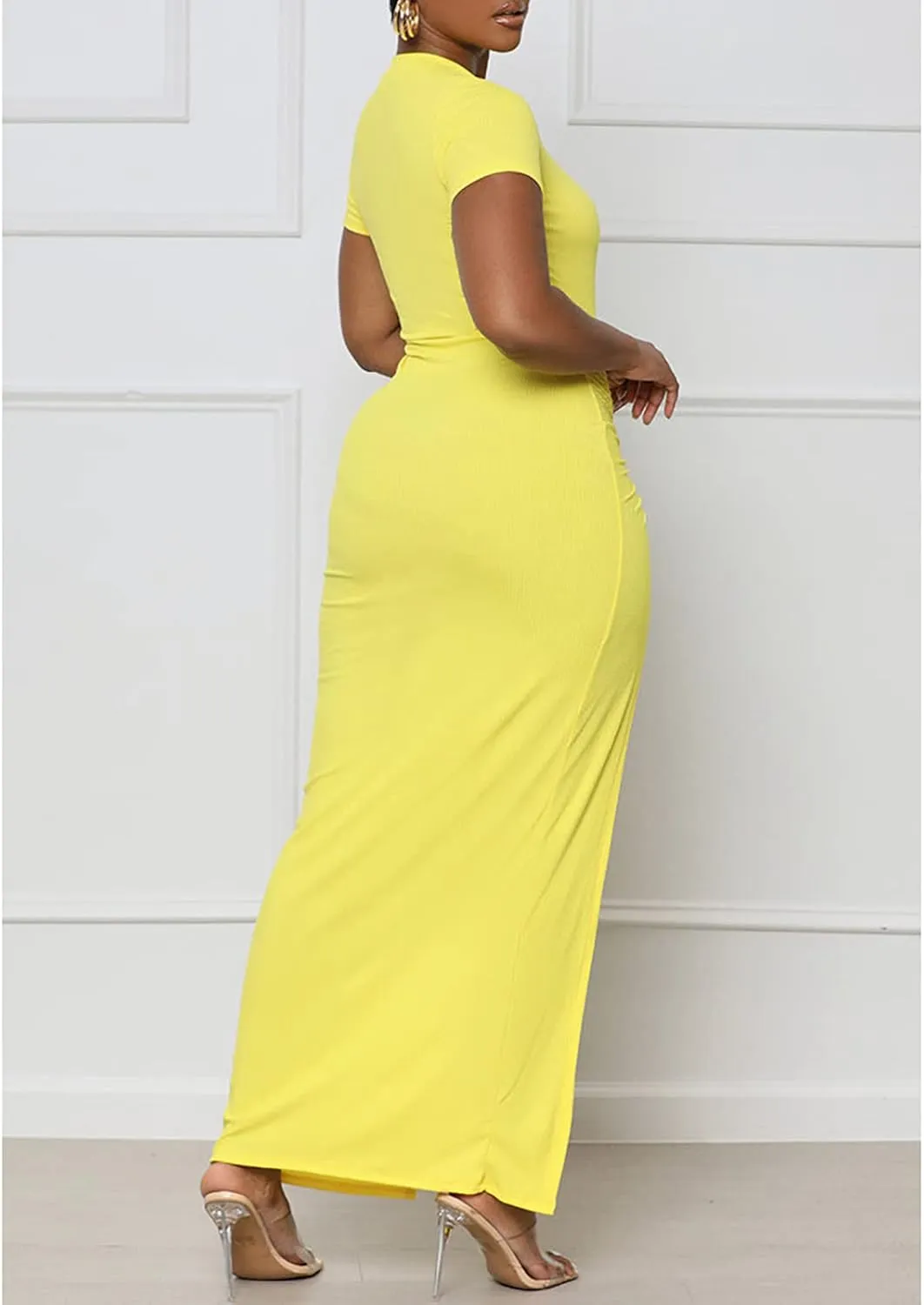 Yuopeid Women's Summer Short Sleeve Round Neck Bodycon Dress Ruched Drawstring Sexy Split Cocktail Maxi Dress