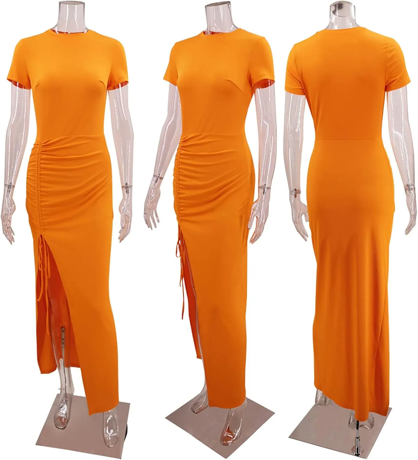 Yuopeid Women's Summer Short Sleeve Round Neck Bodycon Dress Ruched Drawstring Sexy Split Cocktail Maxi Dress