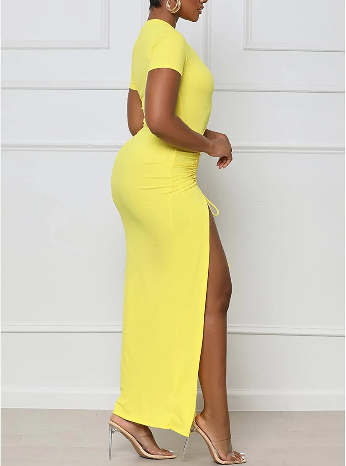 Yuopeid Women's Summer Short Sleeve Round Neck Bodycon Dress Ruched Drawstring Sexy Split Cocktail Maxi Dress