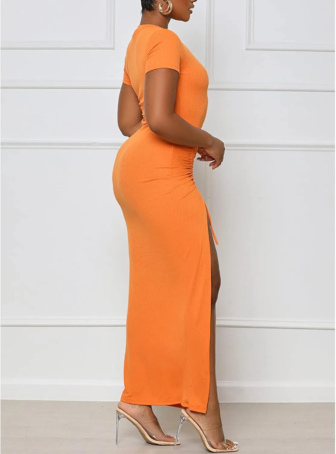 Yuopeid Women's Summer Short Sleeve Round Neck Bodycon Dress Ruched Drawstring Sexy Split Cocktail Maxi Dress