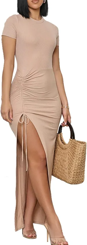 Yuopeid Women's Summer Short Sleeve Round Neck Bodycon Dress Ruched Drawstring Sexy Split Cocktail Maxi Dress