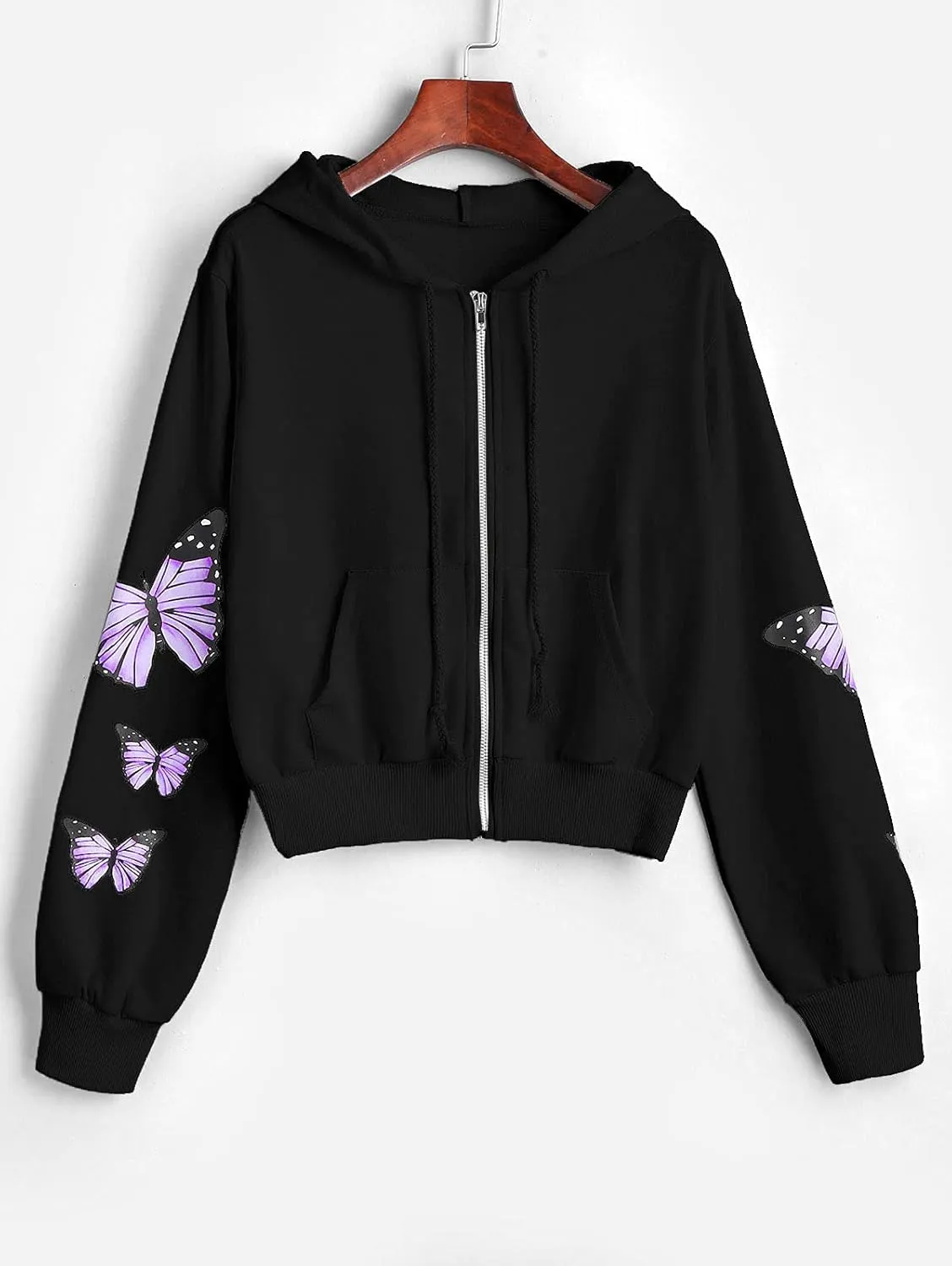 ZAFUL Women's Zip Up Thin Hoodies Long Sleeve Casual Plaid Hoodie Jacket Drop Shoulder Cropped Hooded Sweatshirt