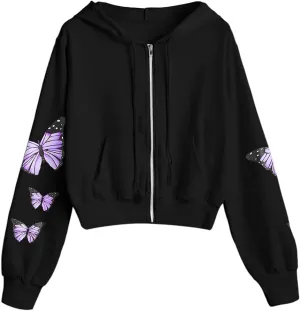 ZAFUL Women's Zip Up Thin Hoodies Long Sleeve Casual Plaid Hoodie Jacket Drop Shoulder Cropped Hooded Sweatshirt