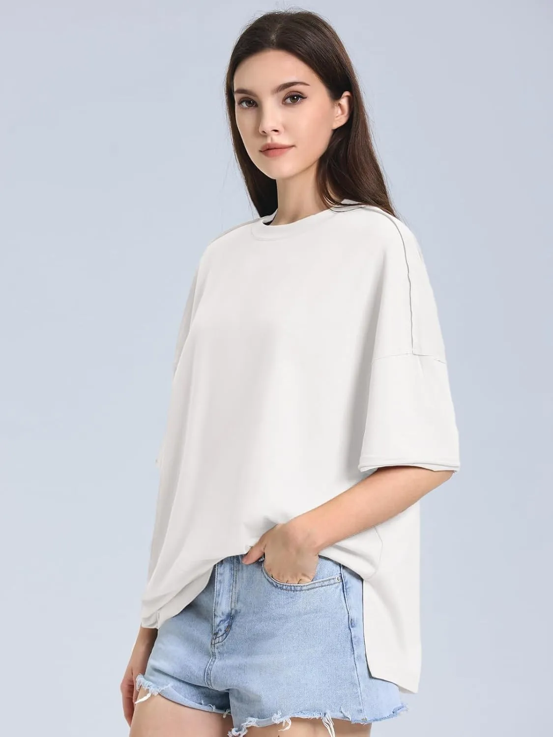 ZANZEA Oversized T Shirts for Women Short Rolled Sleeve Round Neck Summer Tops Drop Shoulder Casual Loose Basic Tees