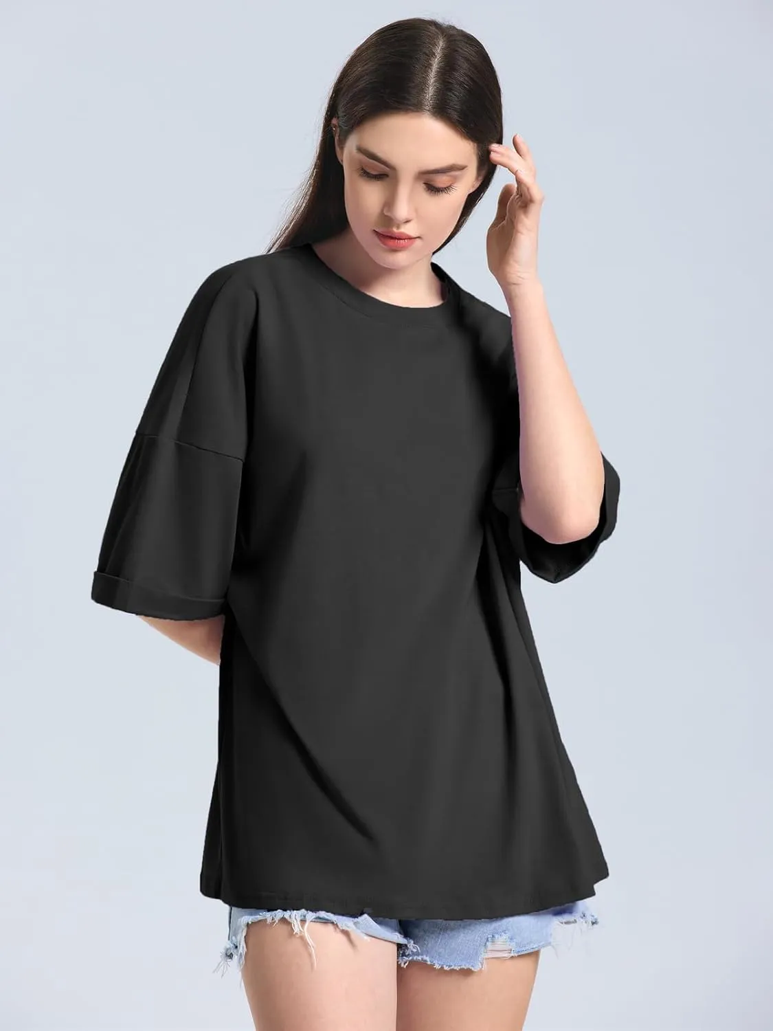 ZANZEA Oversized T Shirts for Women Short Rolled Sleeve Round Neck Summer Tops Drop Shoulder Casual Loose Basic Tees
