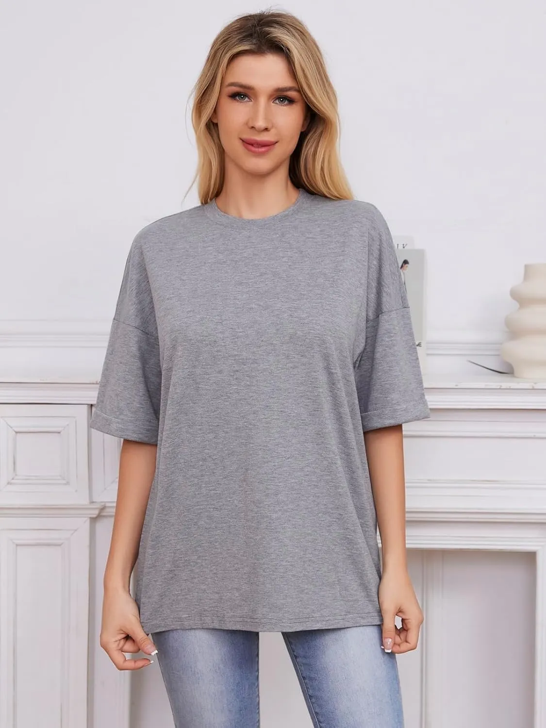 ZANZEA Oversized T Shirts for Women Short Rolled Sleeve Round Neck Summer Tops Drop Shoulder Casual Loose Basic Tees
