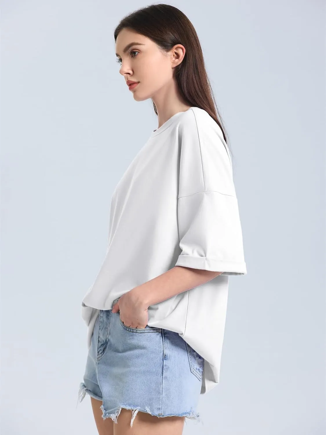 ZANZEA Oversized T Shirts for Women Short Rolled Sleeve Round Neck Summer Tops Drop Shoulder Casual Loose Basic Tees