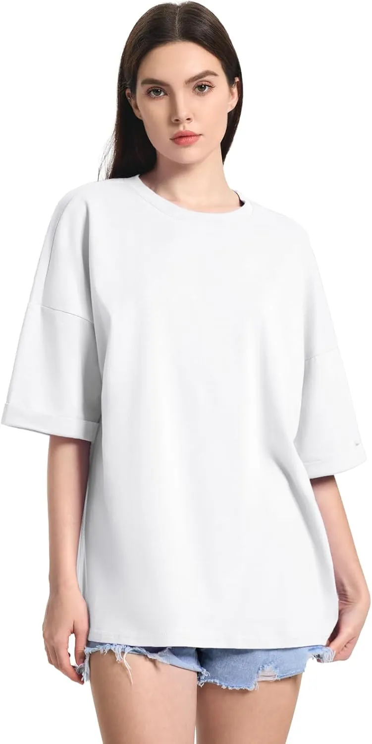 ZANZEA Oversized T Shirts for Women Short Rolled Sleeve Round Neck Summer Tops Drop Shoulder Casual Loose Basic Tees