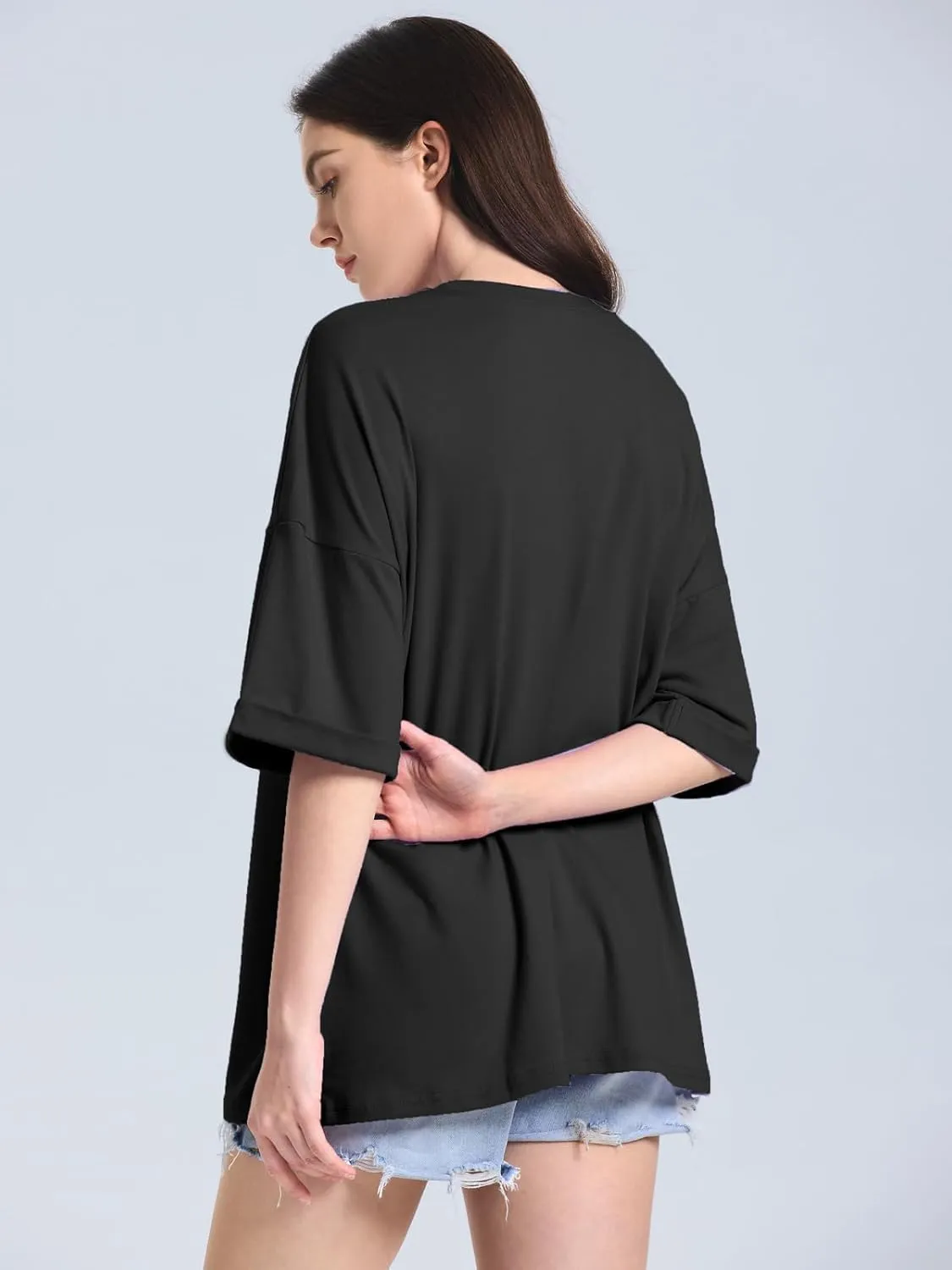 ZANZEA Oversized T Shirts for Women Short Rolled Sleeve Round Neck Summer Tops Drop Shoulder Casual Loose Basic Tees
