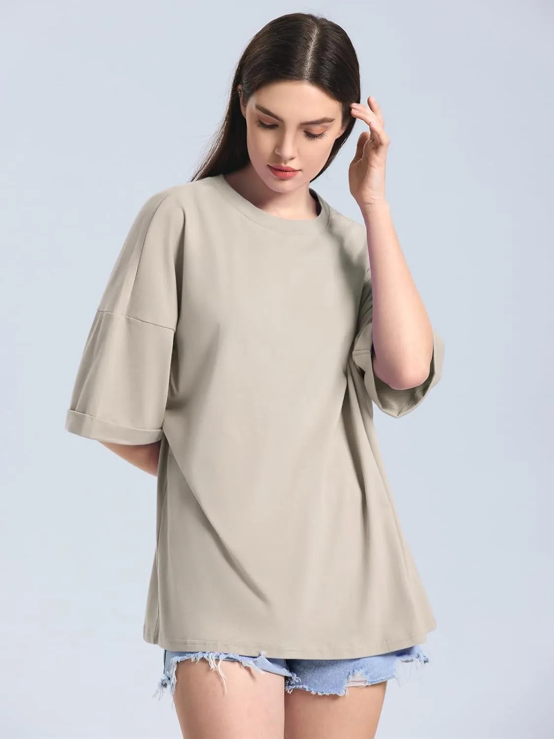 ZANZEA Oversized T Shirts for Women Short Rolled Sleeve Round Neck Summer Tops Drop Shoulder Casual Loose Basic Tees
