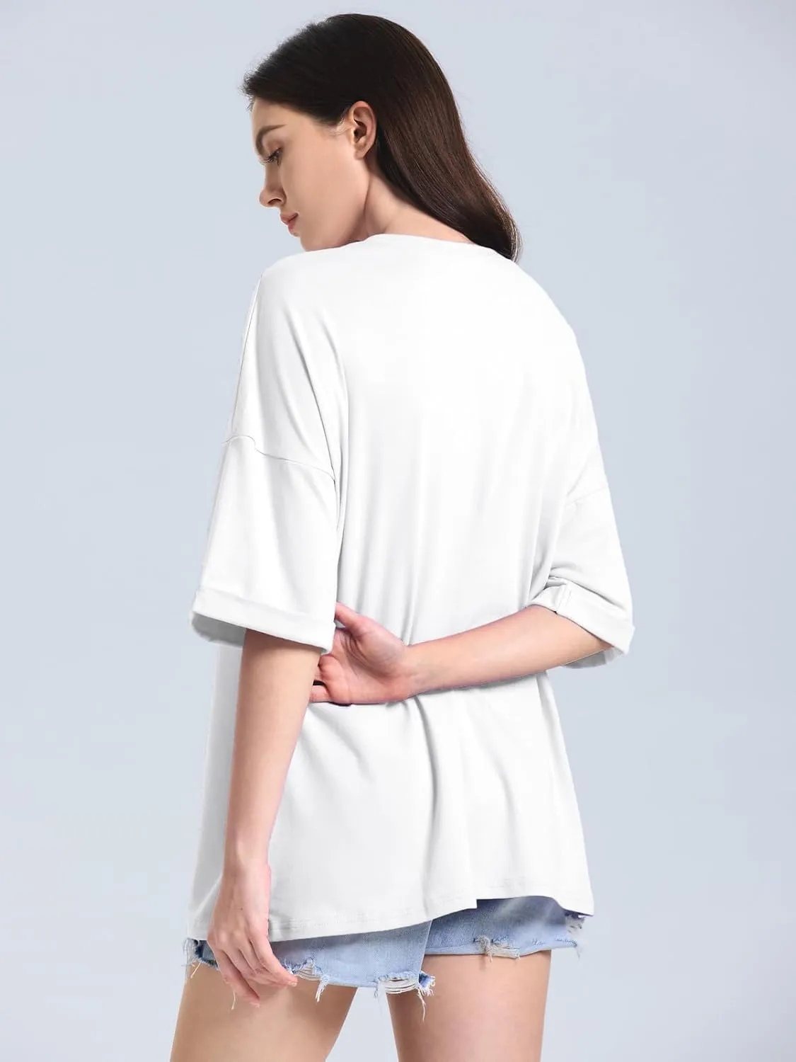 ZANZEA Oversized T Shirts for Women Short Rolled Sleeve Round Neck Summer Tops Drop Shoulder Casual Loose Basic Tees