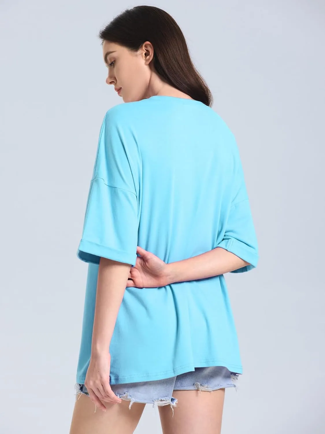 ZANZEA Oversized T Shirts for Women Short Rolled Sleeve Round Neck Summer Tops Drop Shoulder Casual Loose Basic Tees
