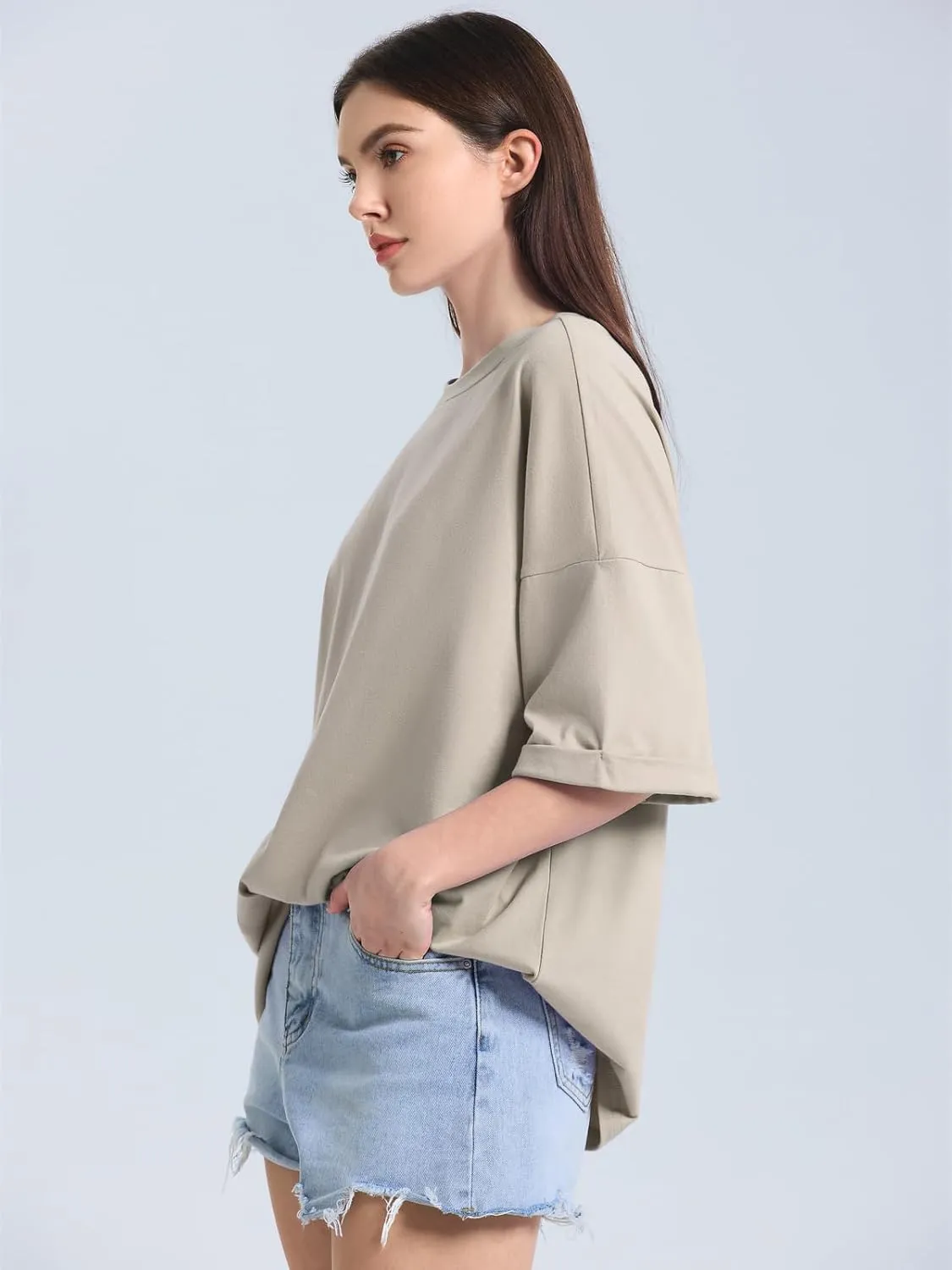 ZANZEA Oversized T Shirts for Women Short Rolled Sleeve Round Neck Summer Tops Drop Shoulder Casual Loose Basic Tees