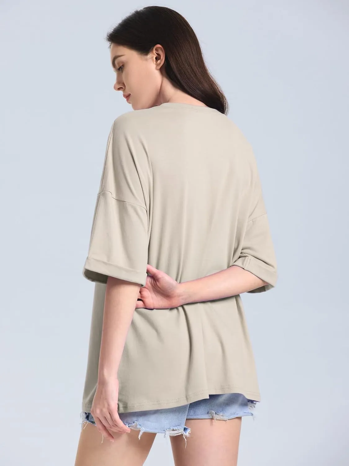ZANZEA Oversized T Shirts for Women Short Rolled Sleeve Round Neck Summer Tops Drop Shoulder Casual Loose Basic Tees