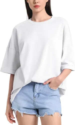 ZANZEA Oversized T Shirts for Women Short Rolled Sleeve Round Neck Summer Tops Drop Shoulder Casual Loose Basic Tees