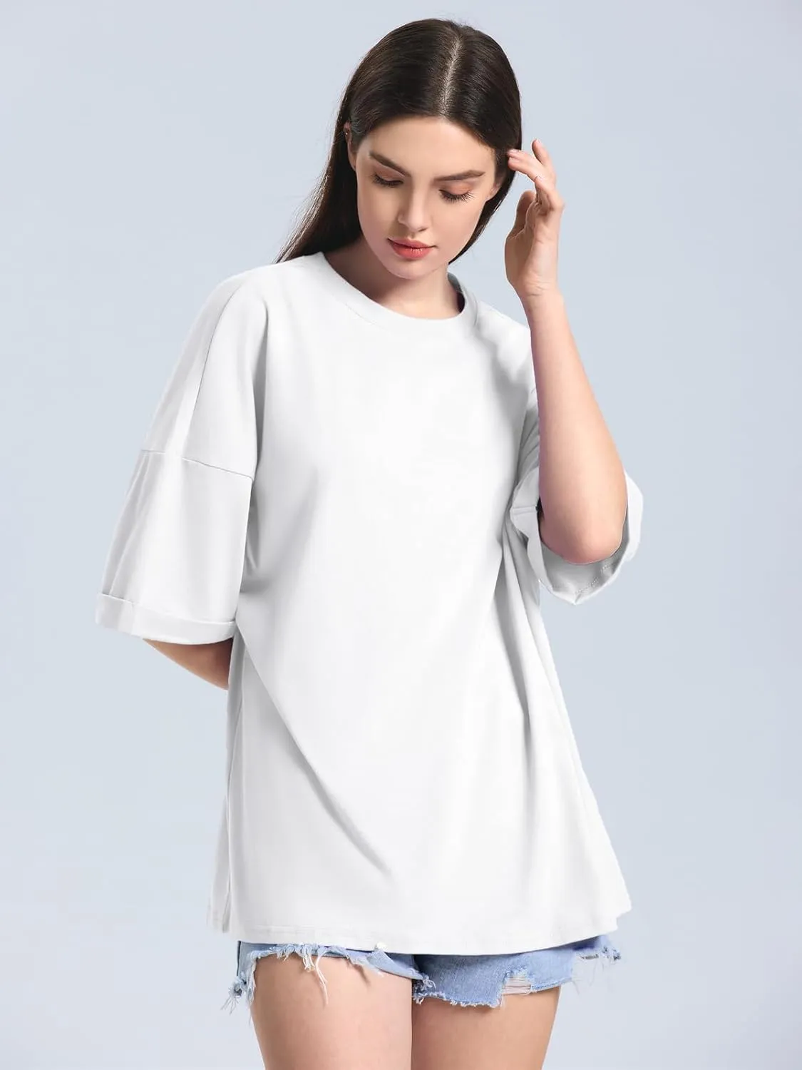 ZANZEA Oversized T Shirts for Women Short Rolled Sleeve Round Neck Summer Tops Drop Shoulder Casual Loose Basic Tees