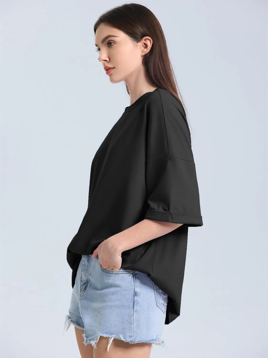 ZANZEA Oversized T Shirts for Women Short Rolled Sleeve Round Neck Summer Tops Drop Shoulder Casual Loose Basic Tees