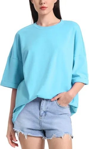 ZANZEA Oversized T Shirts for Women Short Rolled Sleeve Round Neck Summer Tops Drop Shoulder Casual Loose Basic Tees