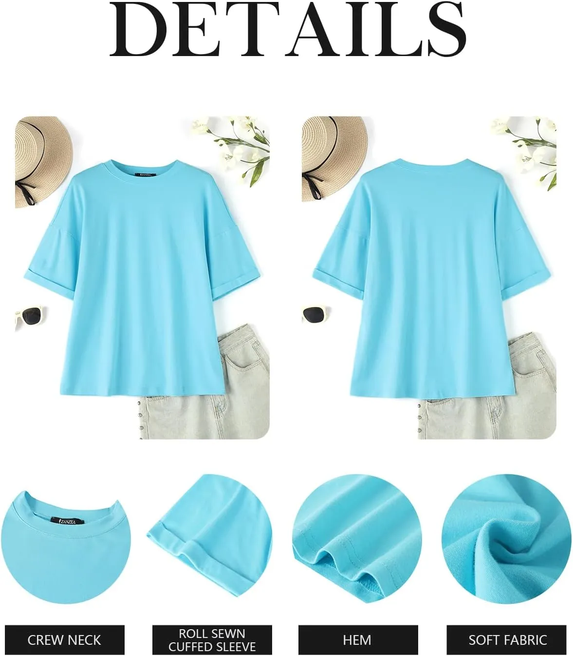 ZANZEA Oversized T Shirts for Women Short Rolled Sleeve Round Neck Summer Tops Drop Shoulder Casual Loose Basic Tees