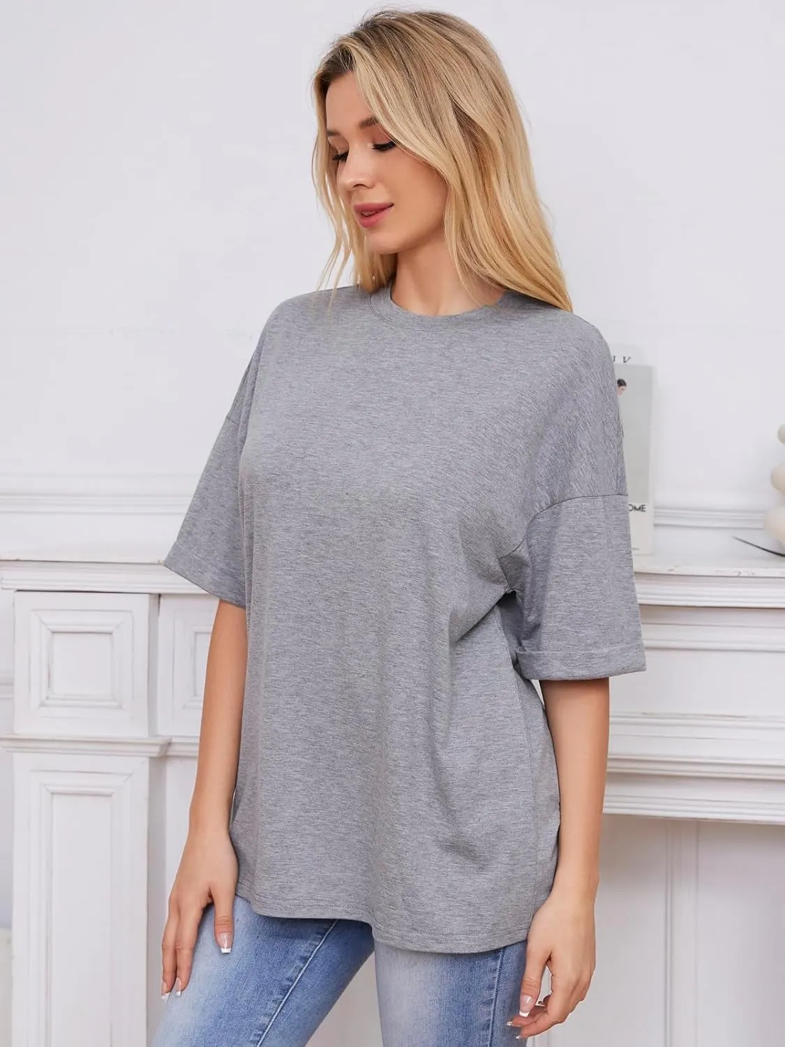 ZANZEA Oversized T Shirts for Women Short Rolled Sleeve Round Neck Summer Tops Drop Shoulder Casual Loose Basic Tees