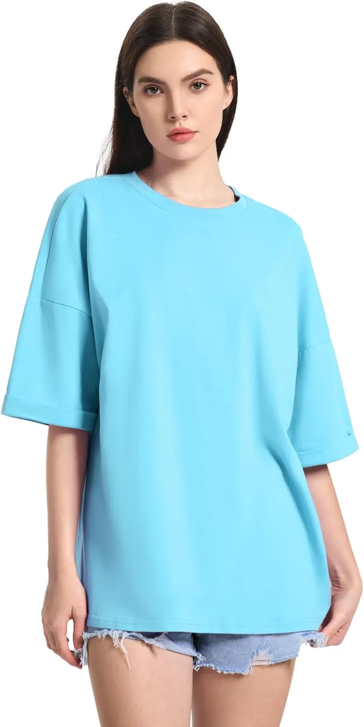 ZANZEA Oversized T Shirts for Women Short Rolled Sleeve Round Neck Summer Tops Drop Shoulder Casual Loose Basic Tees