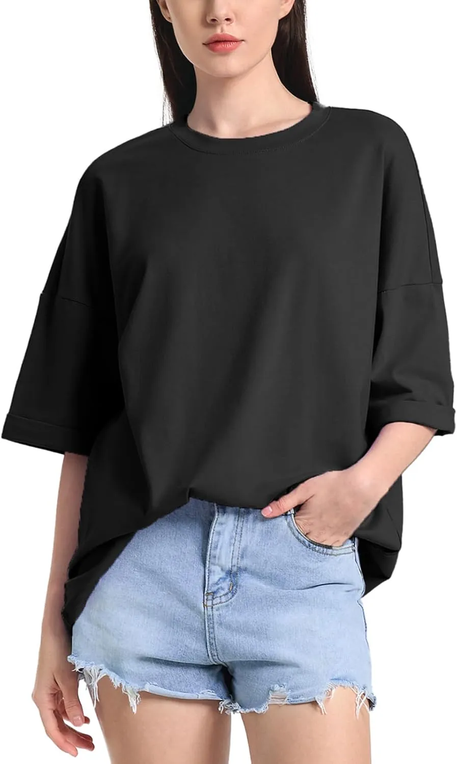ZANZEA Oversized T Shirts for Women Short Rolled Sleeve Round Neck Summer Tops Drop Shoulder Casual Loose Basic Tees