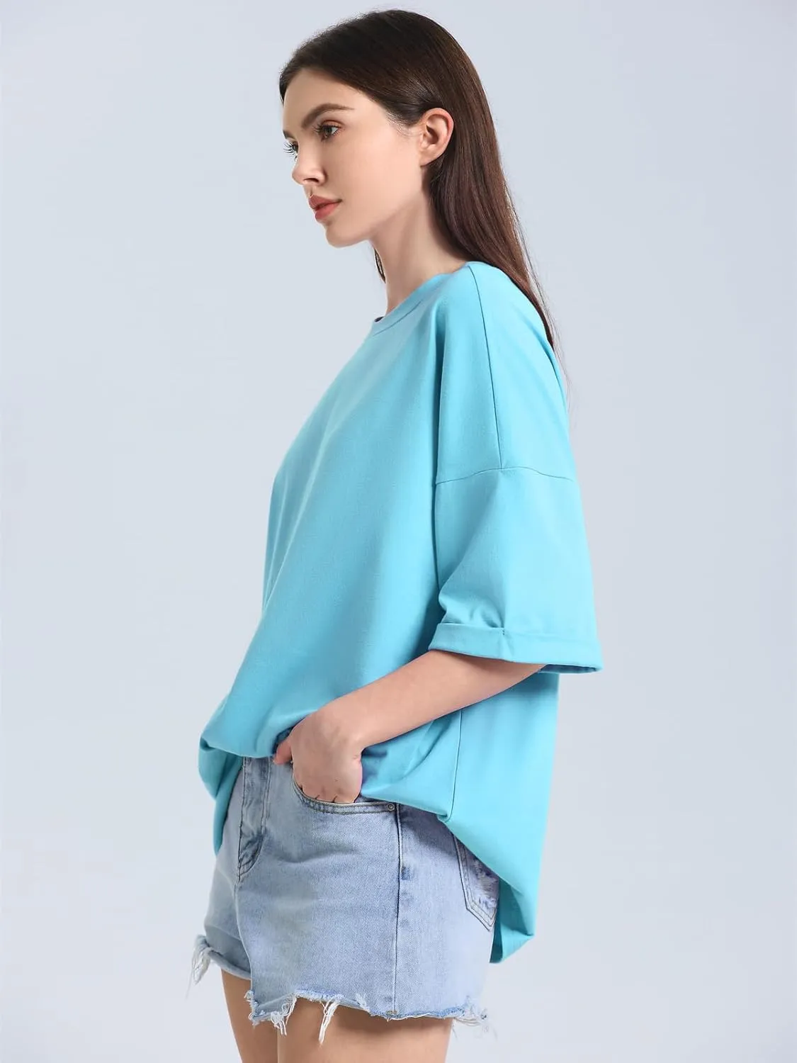 ZANZEA Oversized T Shirts for Women Short Rolled Sleeve Round Neck Summer Tops Drop Shoulder Casual Loose Basic Tees