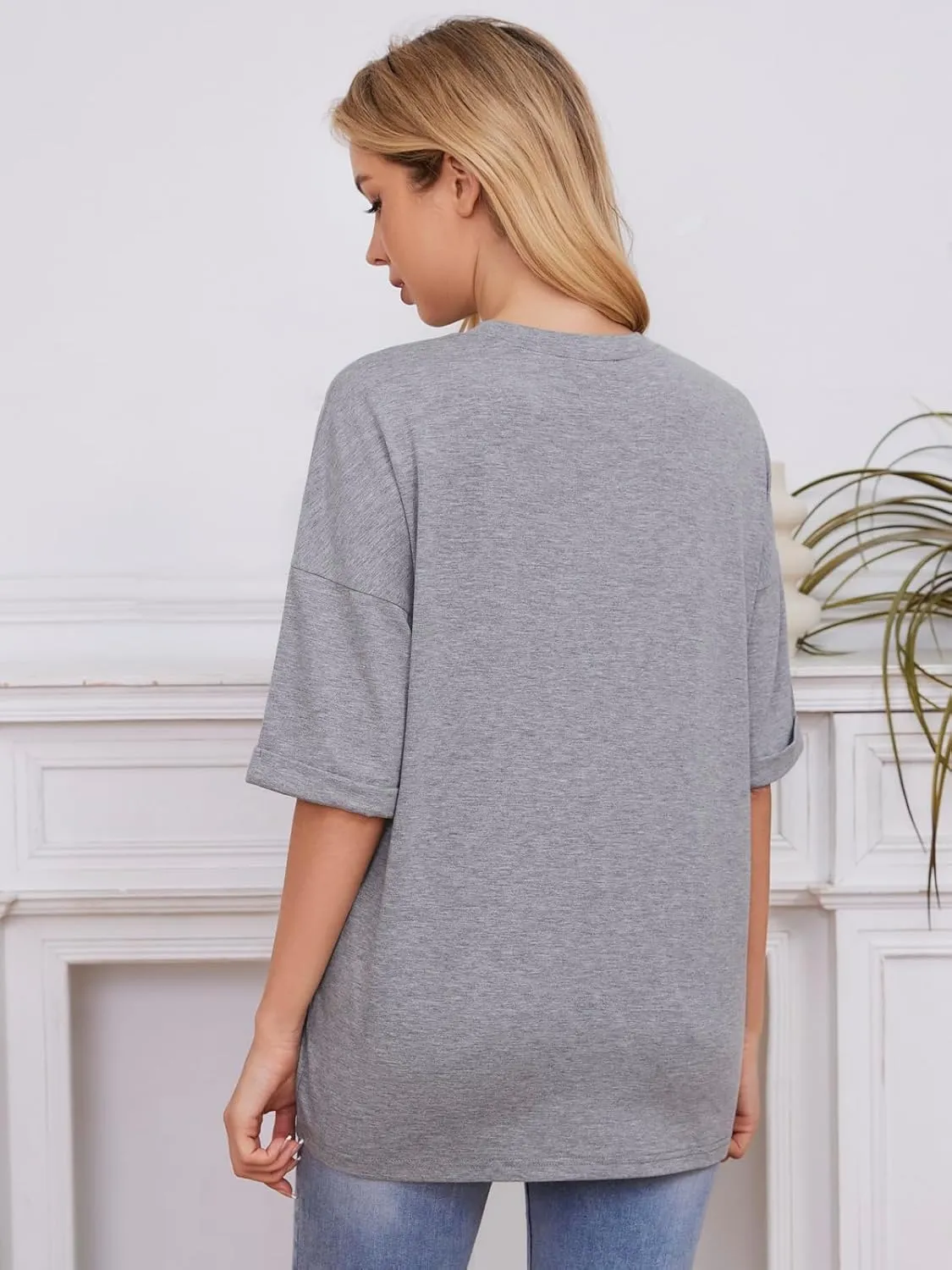 ZANZEA Oversized T Shirts for Women Short Rolled Sleeve Round Neck Summer Tops Drop Shoulder Casual Loose Basic Tees