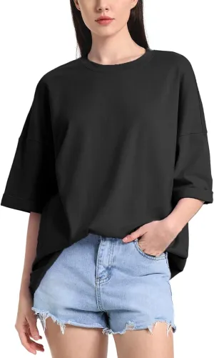 ZANZEA Oversized T Shirts for Women Short Rolled Sleeve Round Neck Summer Tops Drop Shoulder Casual Loose Basic Tees