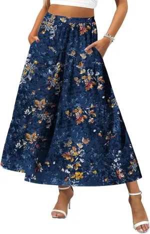 Zeagoo Women's Midi Summer 2025 Boho Elastic High Waist A-Line Flowy Swing Asymmetric Tiered Skirt Dress with Pockets