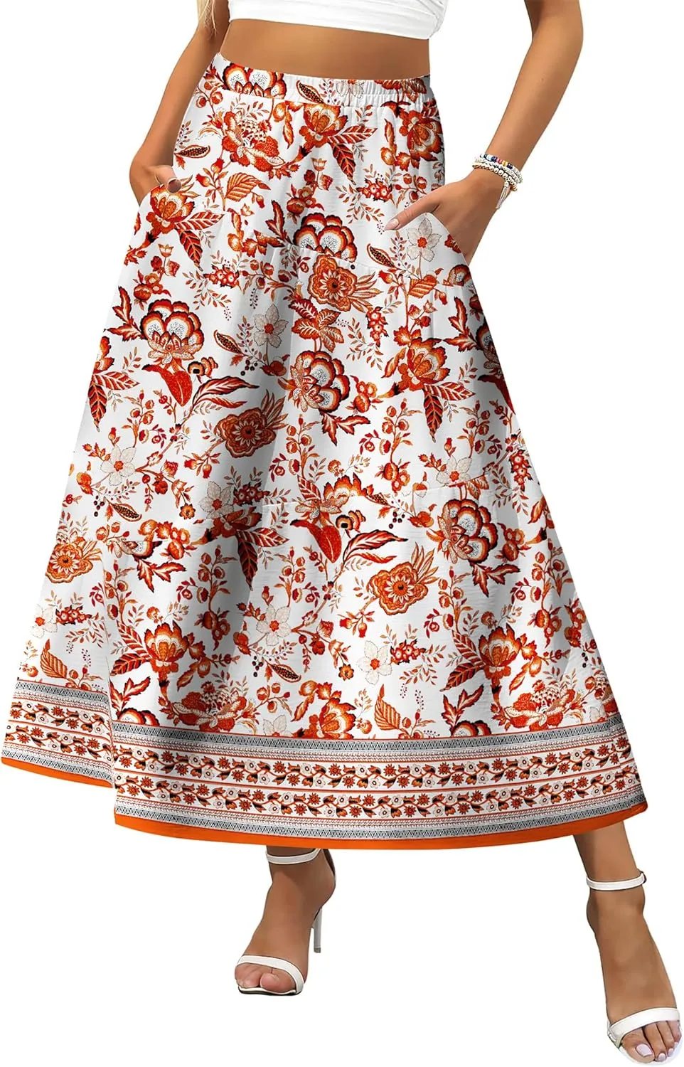 Zeagoo Women's Midi Summer 2025 Boho Elastic High Waist A-Line Flowy Swing Asymmetric Tiered Skirt Dress with Pockets