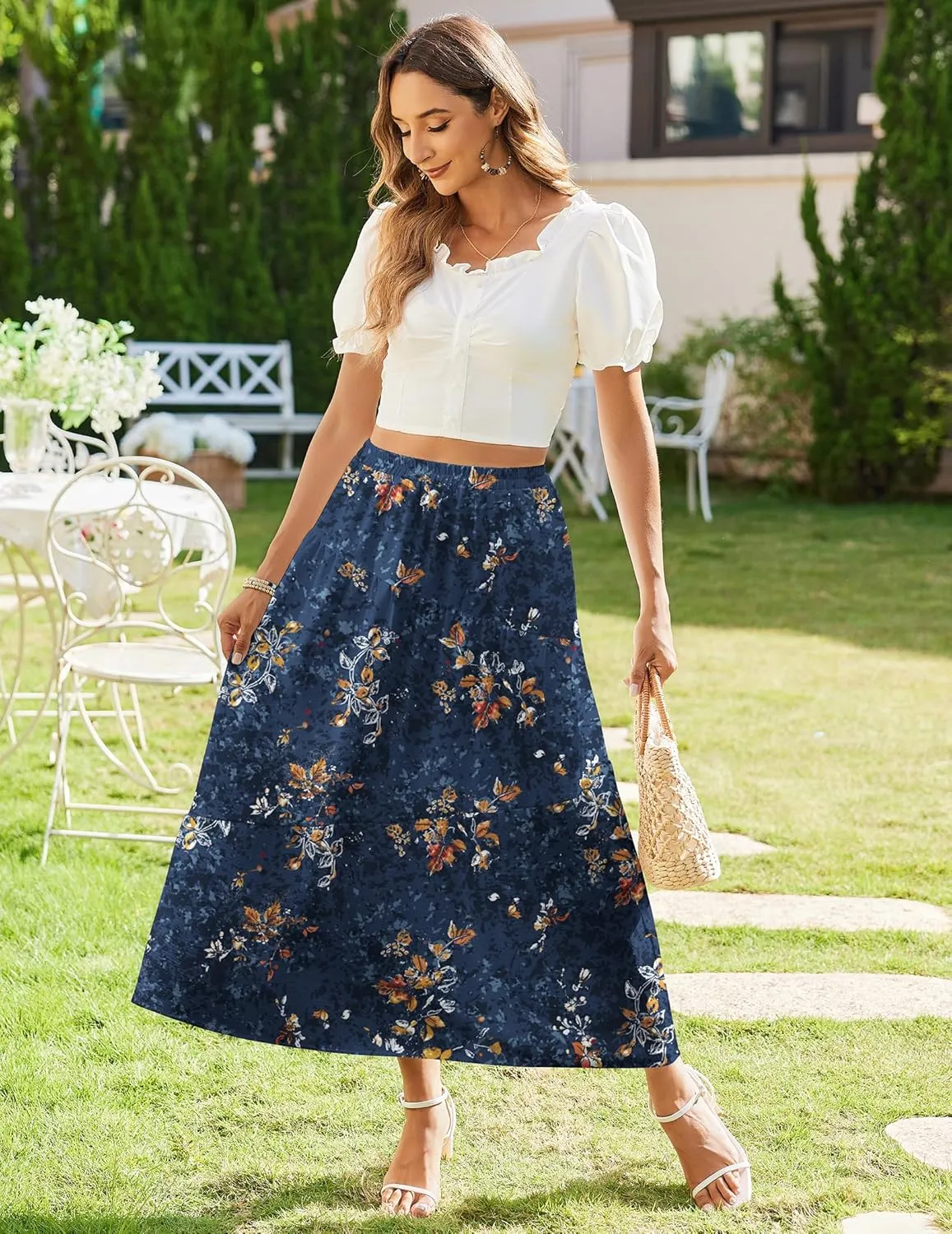 Zeagoo Women's Midi Summer 2025 Boho Elastic High Waist A-Line Flowy Swing Asymmetric Tiered Skirt Dress with Pockets