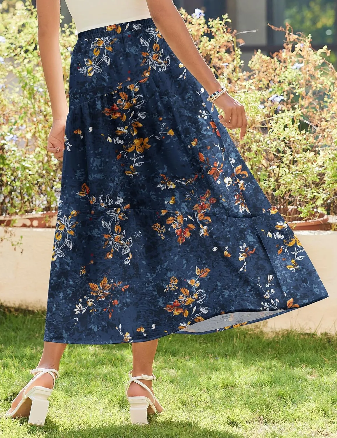 Zeagoo Women's Midi Summer 2025 Boho Elastic High Waist A-Line Flowy Swing Asymmetric Tiered Skirt Dress with Pockets