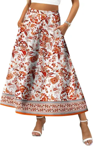 Zeagoo Women's Midi Summer 2025 Boho Elastic High Waist A-Line Flowy Swing Asymmetric Tiered Skirt Dress with Pockets