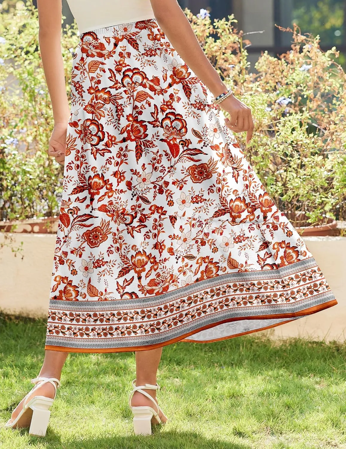 Zeagoo Women's Midi Summer 2025 Boho Elastic High Waist A-Line Flowy Swing Asymmetric Tiered Skirt Dress with Pockets