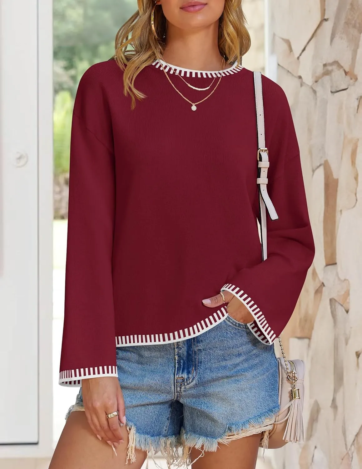 ZESICA Women's Oversized Long Sleeve Sweaters Fall Crewneck Color Block Loose Ribbed Knit Pullover Tops