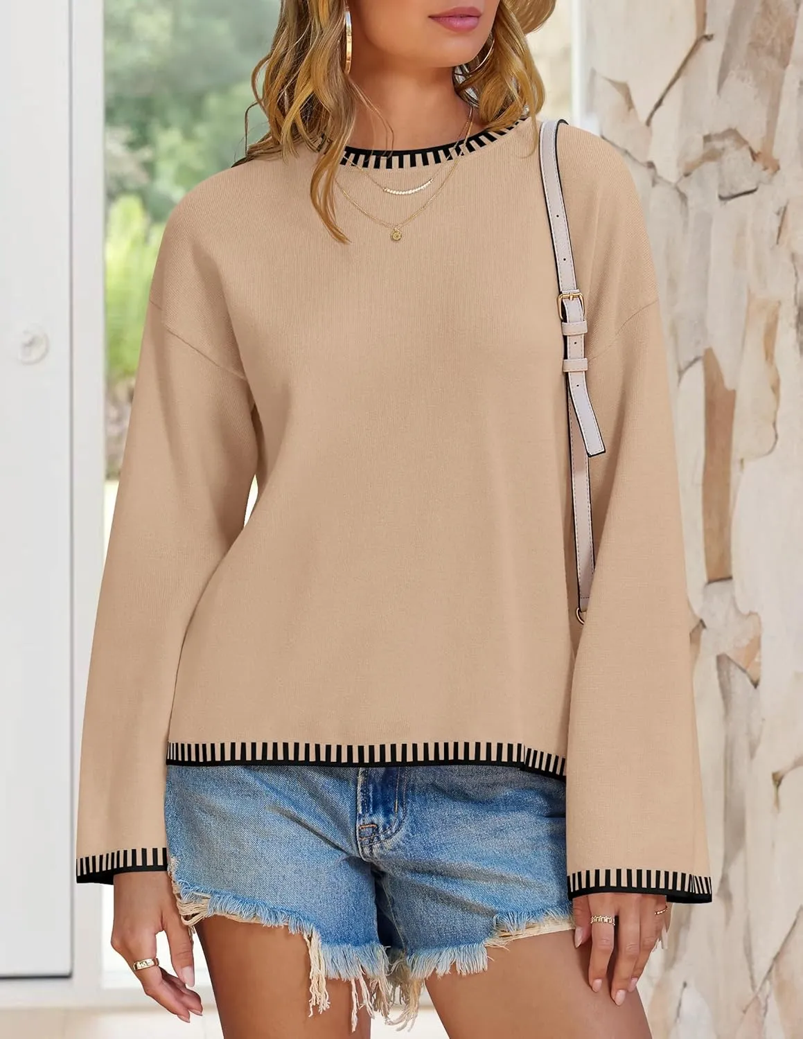 ZESICA Women's Oversized Long Sleeve Sweaters Fall Crewneck Color Block Loose Ribbed Knit Pullover Tops