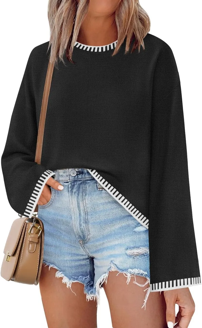ZESICA Women's Oversized Long Sleeve Sweaters Fall Crewneck Color Block Loose Ribbed Knit Pullover Tops