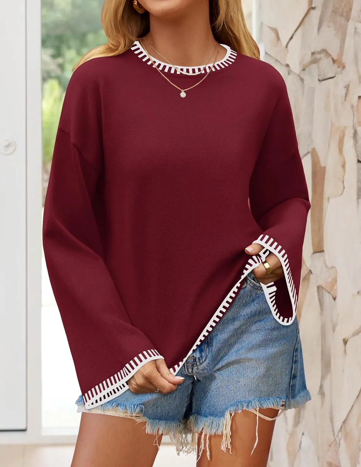 ZESICA Women's Oversized Long Sleeve Sweaters Fall Crewneck Color Block Loose Ribbed Knit Pullover Tops