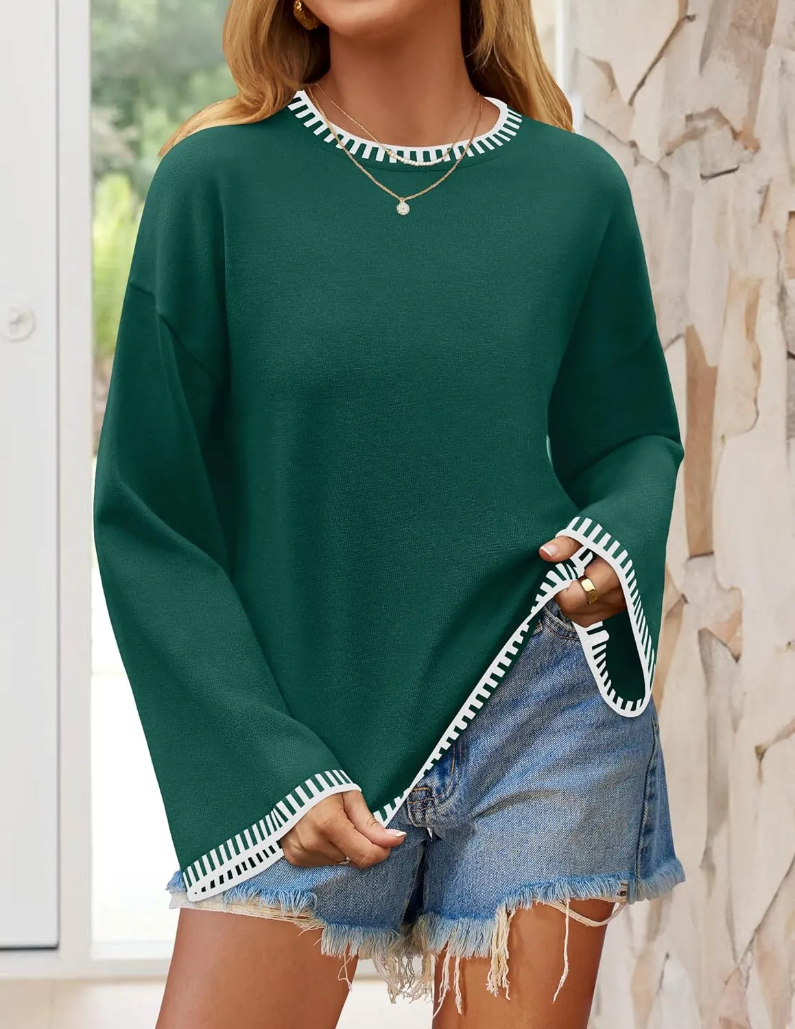 ZESICA Women's Oversized Long Sleeve Sweaters Fall Crewneck Color Block Loose Ribbed Knit Pullover Tops