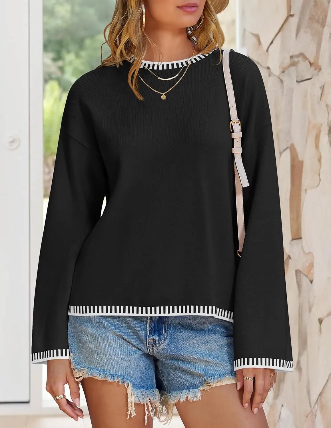 ZESICA Women's Oversized Long Sleeve Sweaters Fall Crewneck Color Block Loose Ribbed Knit Pullover Tops