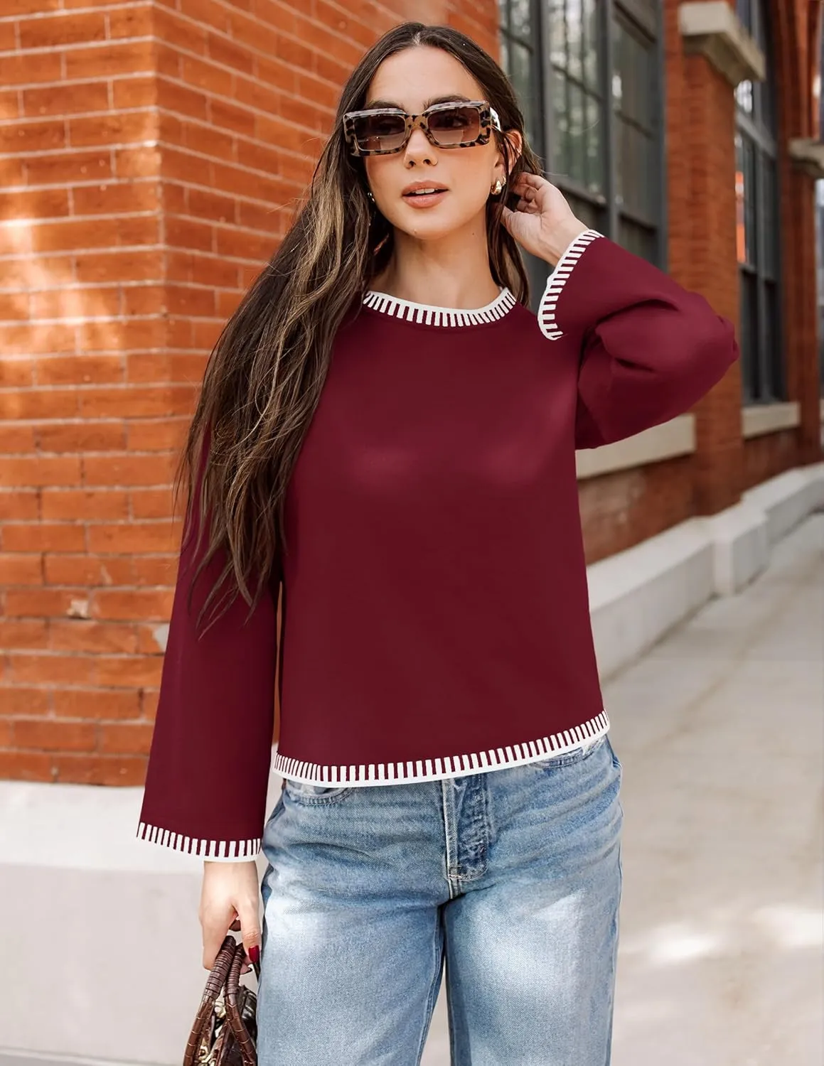 ZESICA Women's Oversized Long Sleeve Sweaters Fall Crewneck Color Block Loose Ribbed Knit Pullover Tops