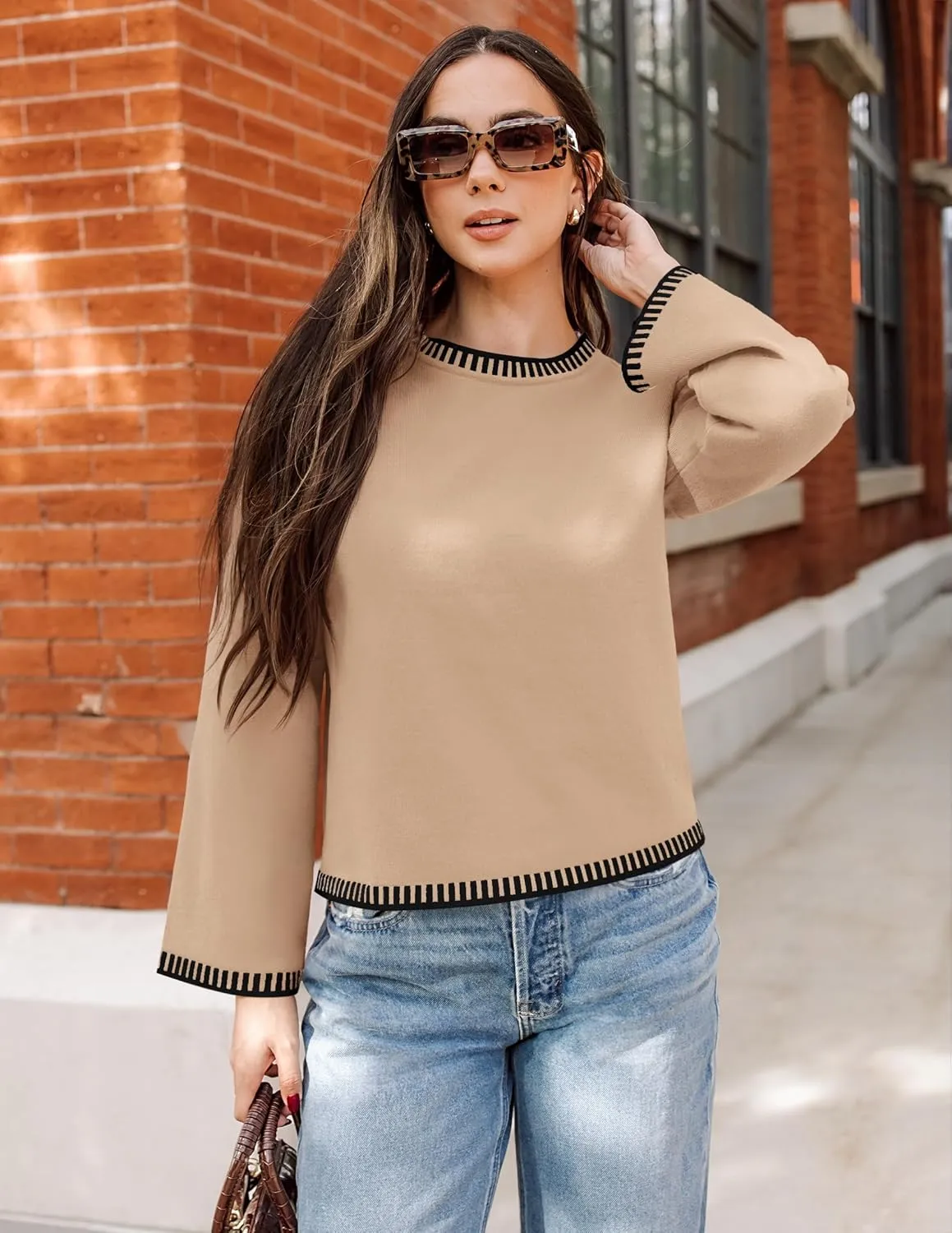 ZESICA Women's Oversized Long Sleeve Sweaters Fall Crewneck Color Block Loose Ribbed Knit Pullover Tops