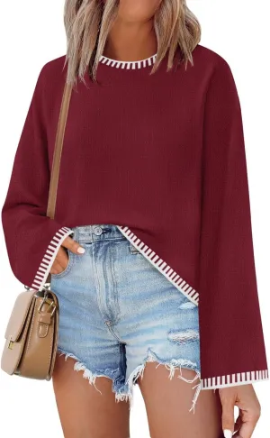ZESICA Women's Oversized Long Sleeve Sweaters Fall Crewneck Color Block Loose Ribbed Knit Pullover Tops