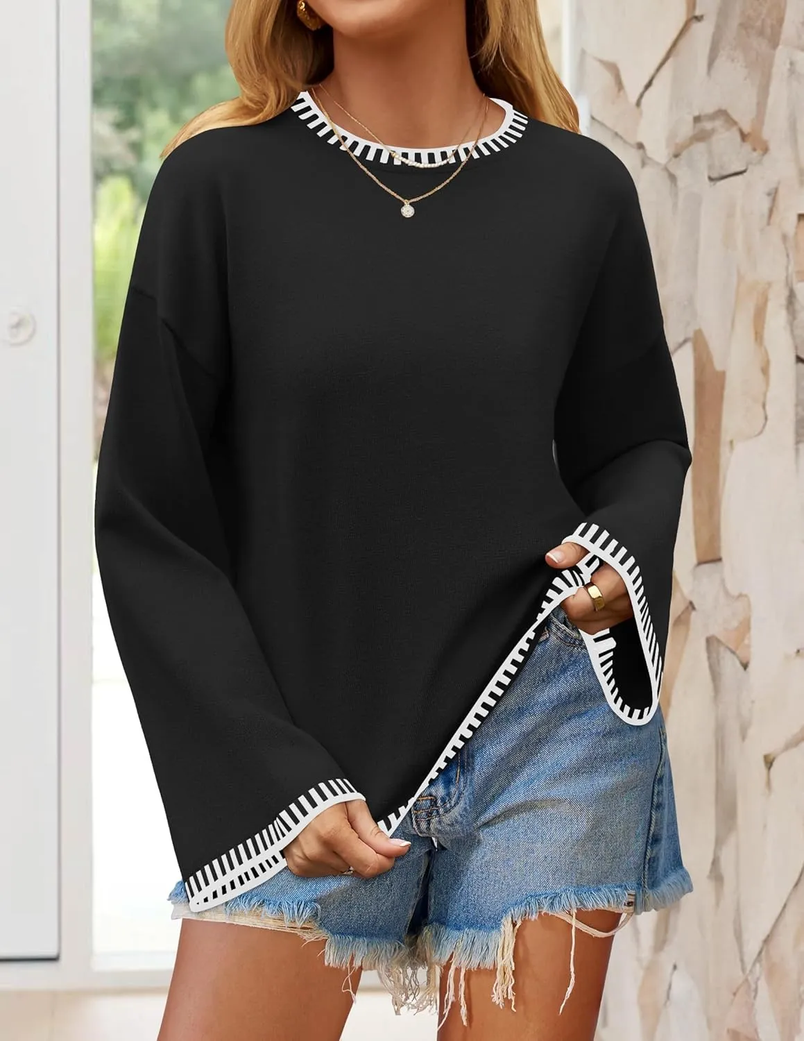 ZESICA Women's Oversized Long Sleeve Sweaters Fall Crewneck Color Block Loose Ribbed Knit Pullover Tops
