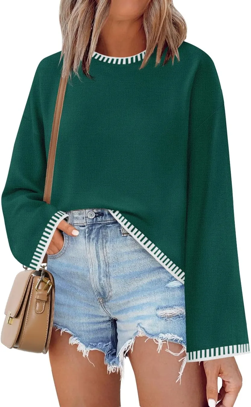 ZESICA Women's Oversized Long Sleeve Sweaters Fall Crewneck Color Block Loose Ribbed Knit Pullover Tops