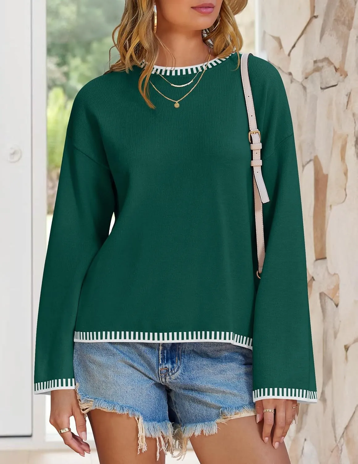 ZESICA Women's Oversized Long Sleeve Sweaters Fall Crewneck Color Block Loose Ribbed Knit Pullover Tops