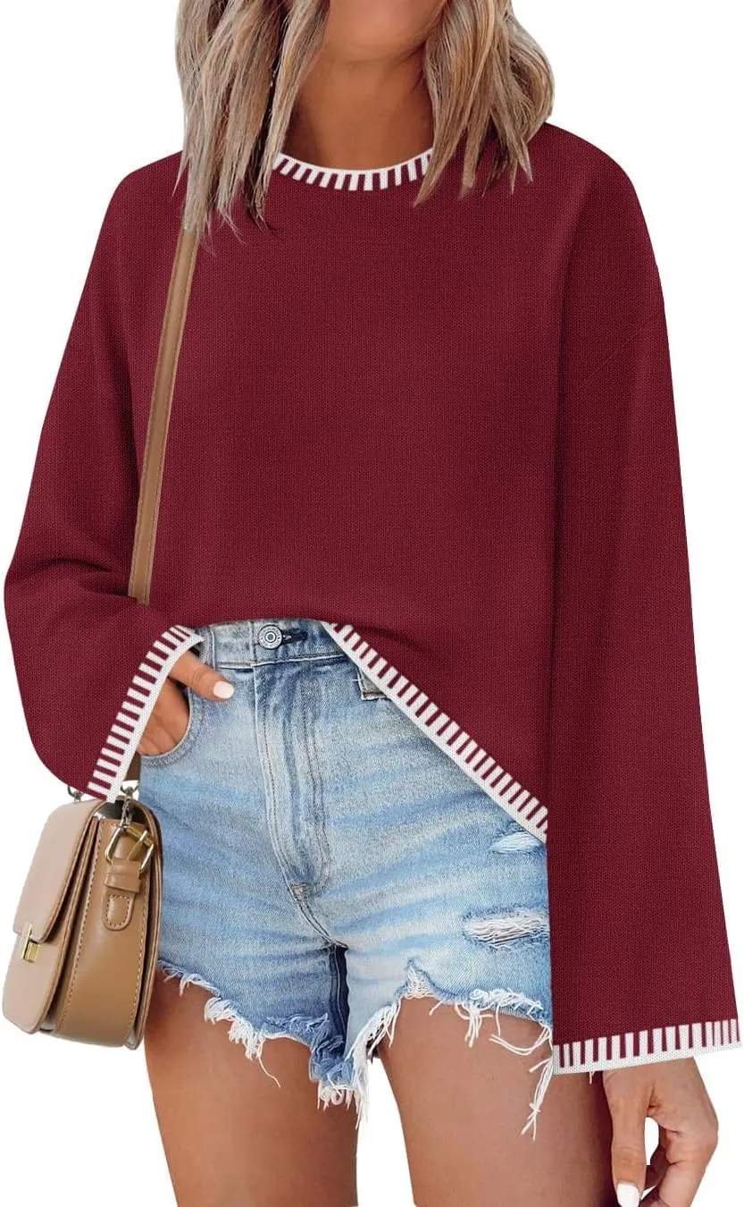 ZESICA Women's Oversized Long Sleeve Sweaters Fall Crewneck Color Block Loose Ribbed Knit Pullover Tops