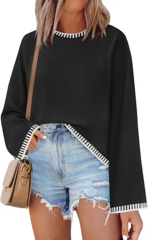 ZESICA Women's Oversized Long Sleeve Sweaters Fall Crewneck Color Block Loose Ribbed Knit Pullover Tops