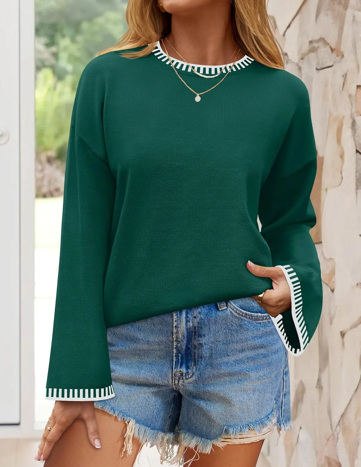 ZESICA Women's Oversized Long Sleeve Sweaters Fall Crewneck Color Block Loose Ribbed Knit Pullover Tops